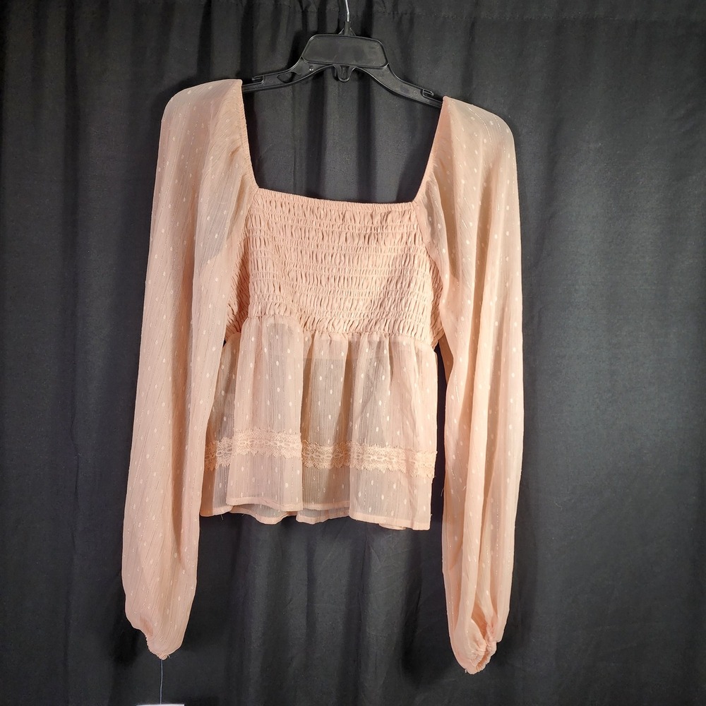 Love Fire Pink Swiss Dot Smocked Peplum Blouse Square Neck Long Sleeve Size L - Picture 8 of 8